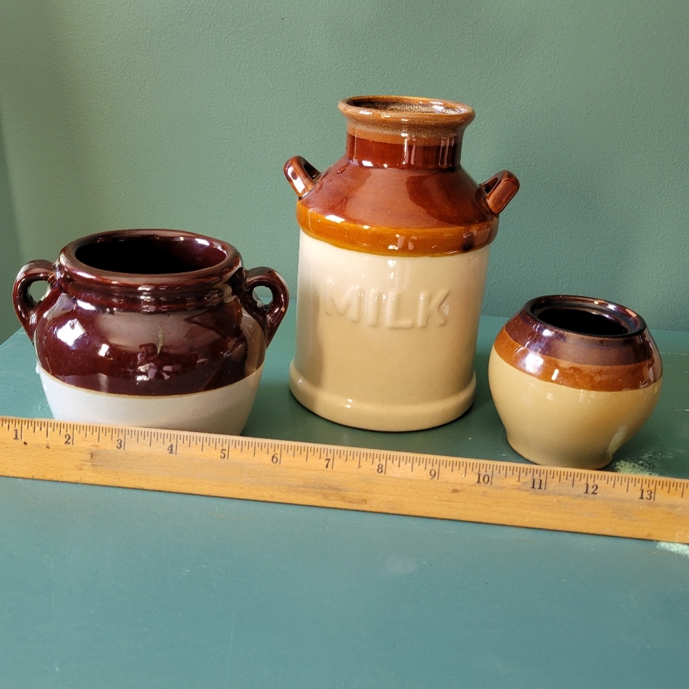 Lot of 3 Vintage Clay Stoneware Milk Crock